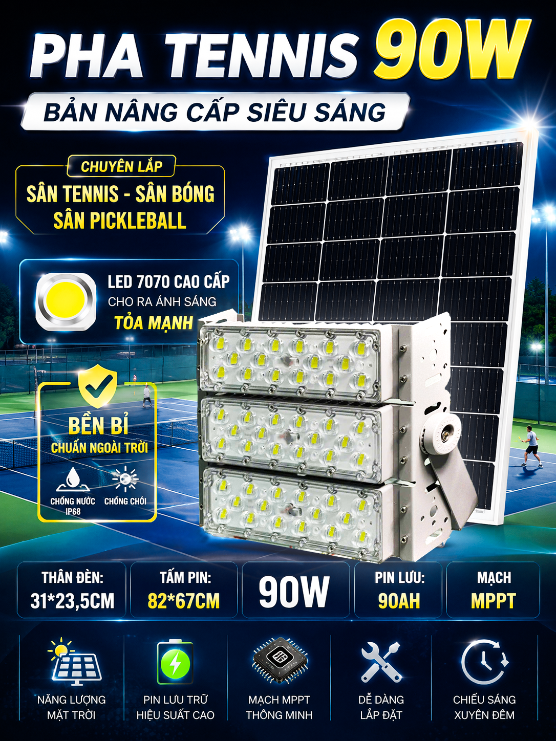 Giải Pháp Chiếu Sáng Sân Tennis, Pickleball Và Sân Bóng Nhỏ Với 0Đ Tiện Điện Bằng Đèn Pha Tennis 90W